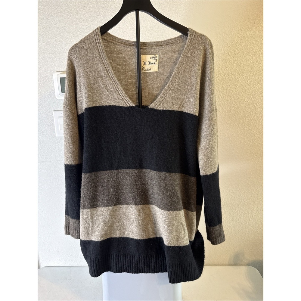 M. Rena Women's V-Neck Striped Sweater Gray & Black Size Large